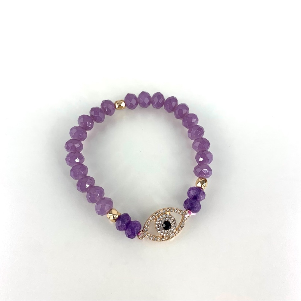 lu gaeta Purple Stone Bead Evil Eye Elastic Bracelet